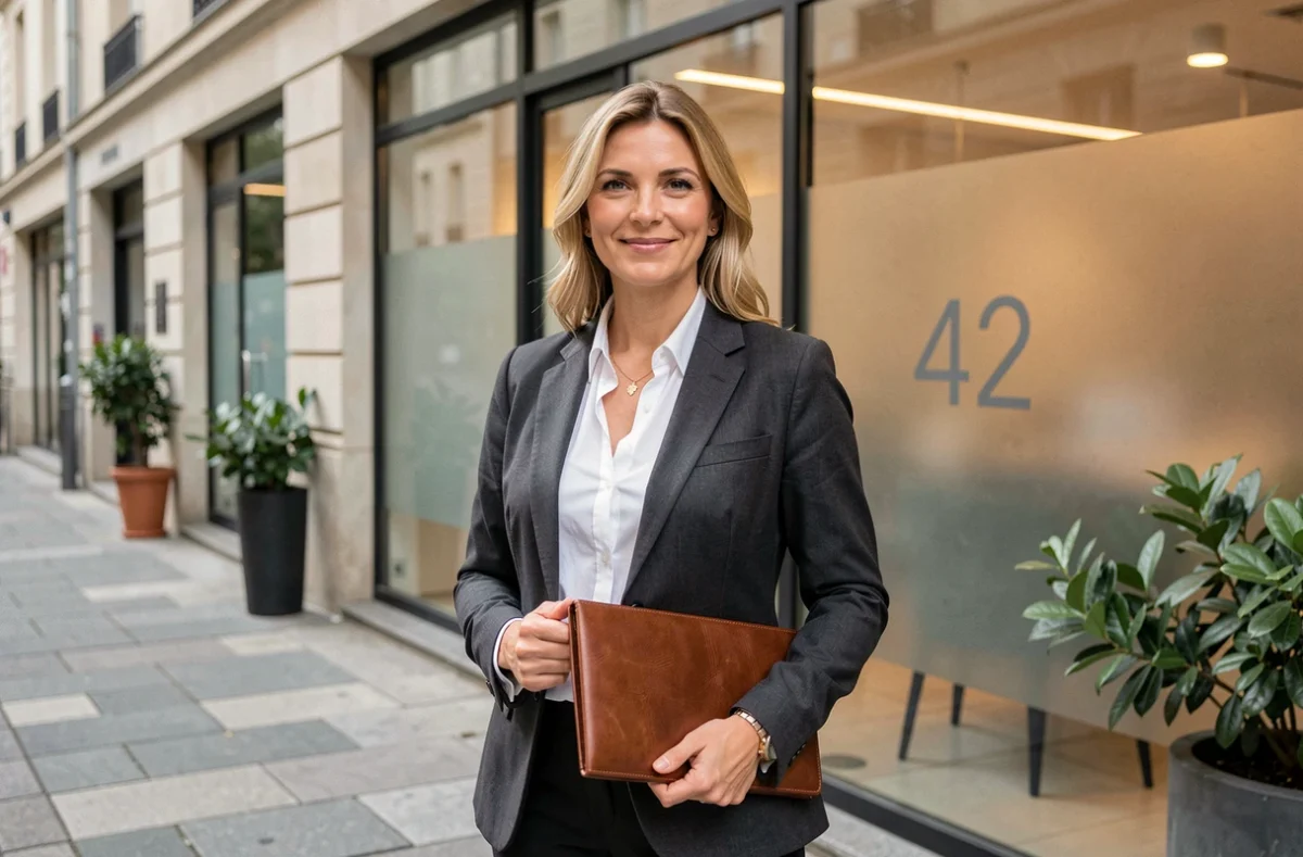 Agente immobilière professionnelle devant les bureaux de 42ème Avenue Immobilier à Saint-Étienne