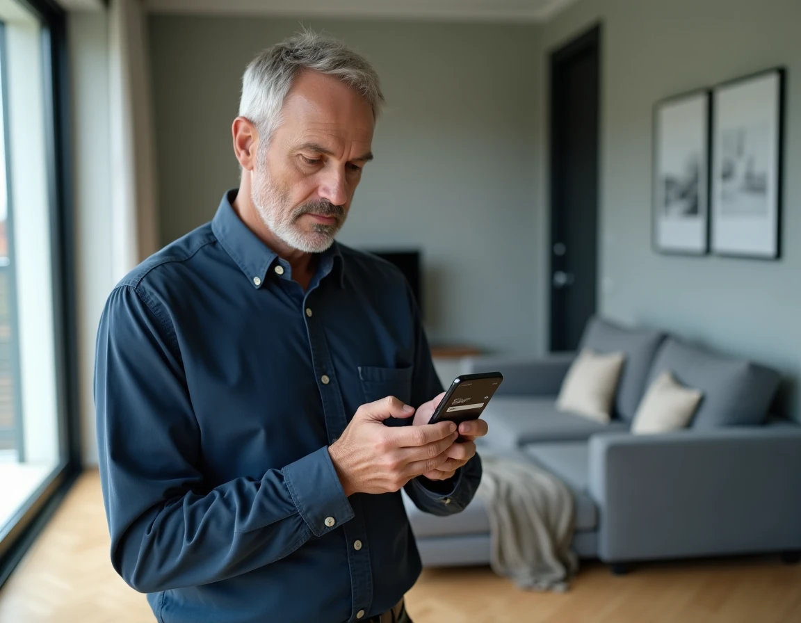 Homme accédant à son espace client MyFoncia sur smartphone depuis son appartement
