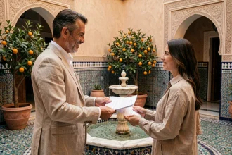 Agent immobilier présentant un bien à acheter dans un riad traditionnel de Marrakech avec carrelage zellige et fontaine centrale