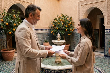 Agent immobilier présentant un bien à acheter dans un riad traditionnel de Marrakech avec carrelage zellige et fontaine centrale
