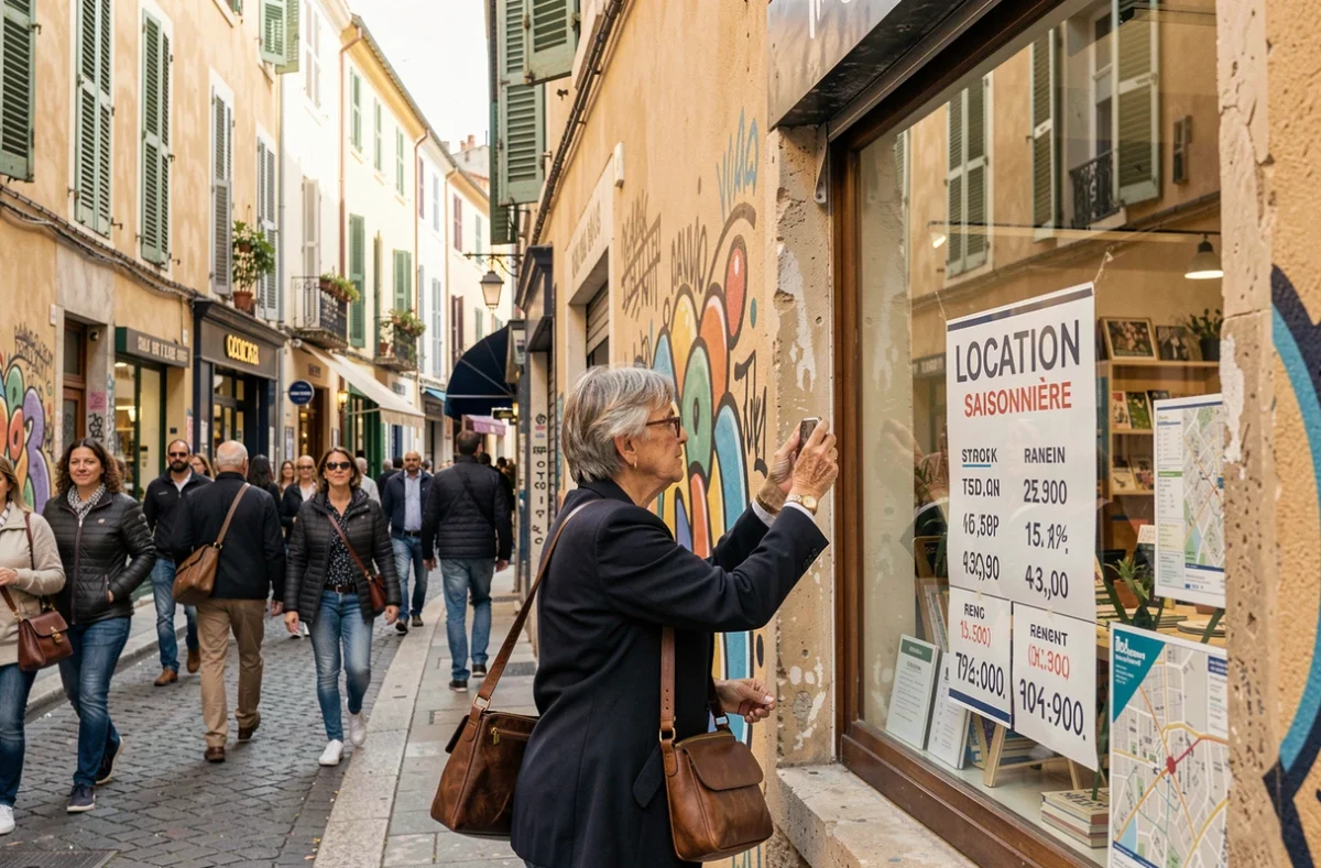 Femme devant une agence de location saisonnière dans un quartier animé de Marseille