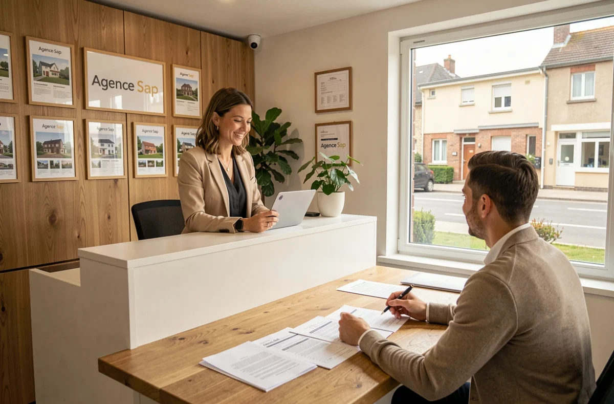 Agente de l'Agence Sap accueillant un couple de clients dans un bureau immobilier cosy de Seine-Saint-Denis
