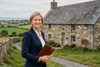 Agent immobilière devant une maison en pierre bretonne représentant le marché immobilier en Bretagne