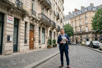 Vue d'ensemble d'une rue de Saint-Étienne avec un agent immobilier tenant un document devant une façade d'immeuble typique
