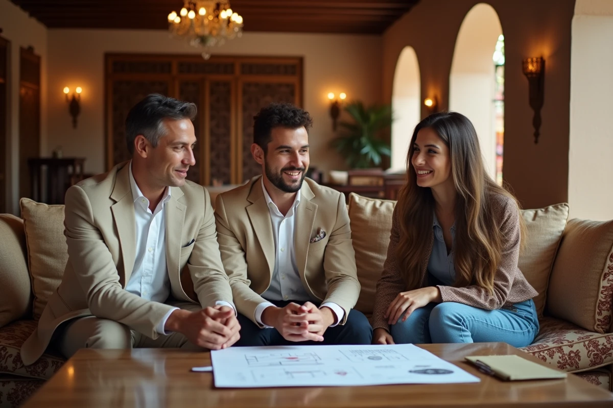 Agent immobilier et acheteurs étrangers consultant des documents dans le salon d'un riad à Marrakech