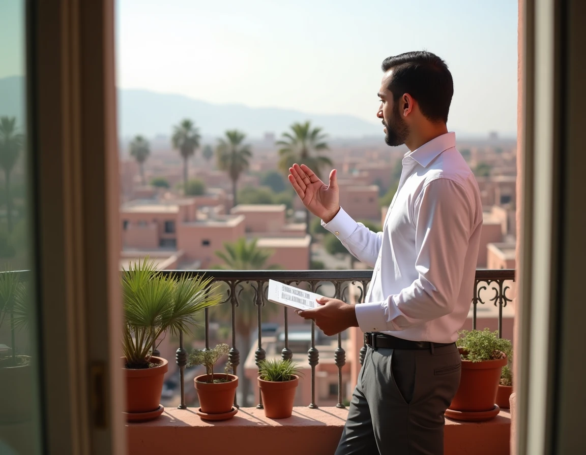 Agent immobilier présentant la vue depuis un balcon d'appartement à Guéliz, Marrakech