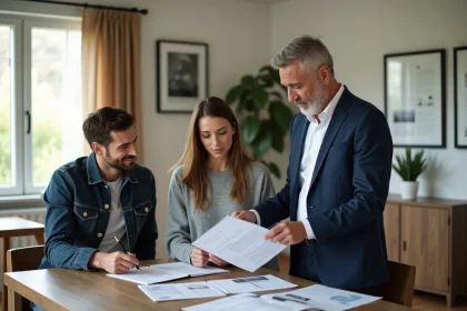 Agent immobilier avec couple dans un salon lumineux