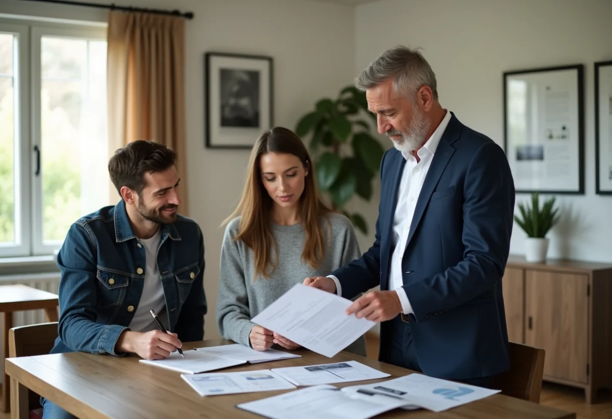 Agent immobilier avec couple dans un salon lumineux