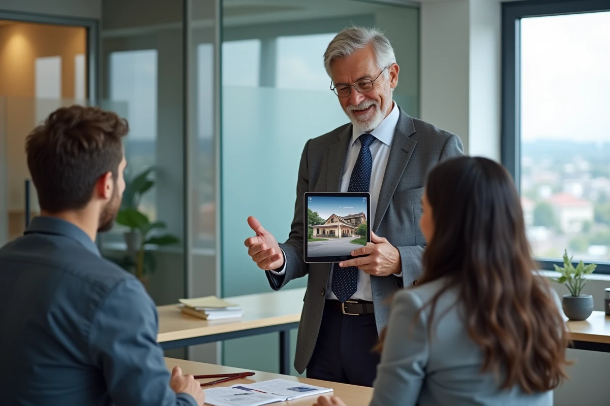 Agent immobilier montrant une visite virtuelle à un couple