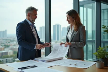Agent immobilier et consultante étudient des plans dans un bureau moderne