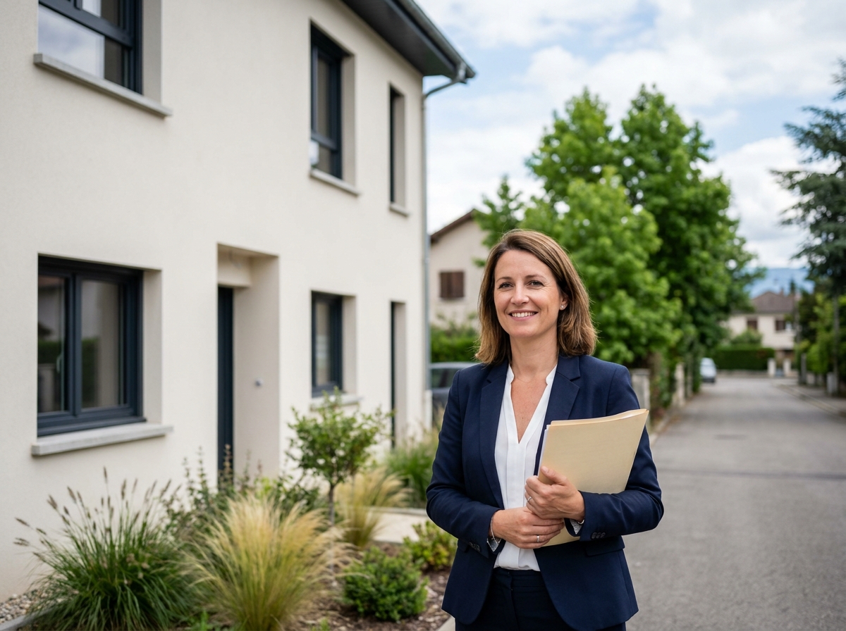 Agent immobilier devant un immeuble neuf dans un quartier résidentiel de Thonon-les-Bains
