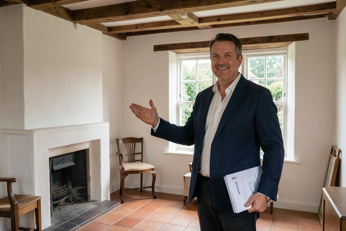 Agent immobilier présentant l'intérieur d'une petite maison à louer avec jardin en Normandie, région 76