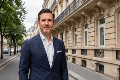 Agent immobilier de luxe devant un immeuble haussmannien parisien représentant Kretz Family Real Estate