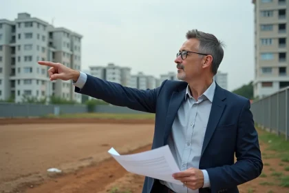 Agent immobilier tenant un document d'évaluation foncière sur un terrain vague urbain, illustrant les multiples critères du prix au mètre carré