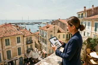 Agent immobilière sur un toit avec vue sur le Vieux-Port de Marseille pour une location saisonnière rentable