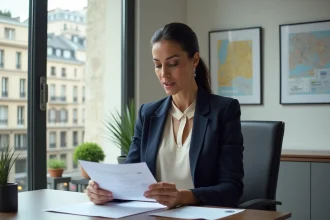 Agente immobilière examinant un dossier de vente dans une agence immobilière urbaine, contexte zone tendue 2026