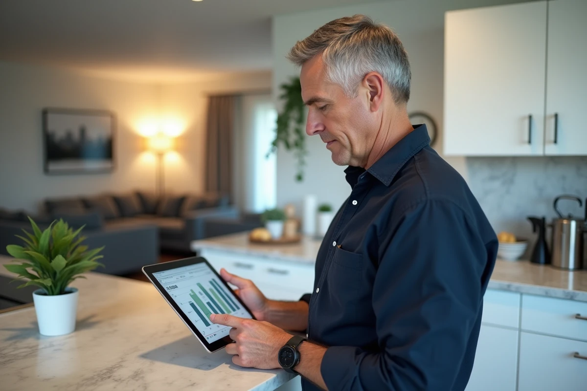 Homme analysant des graphiques d'évolution des prix immobiliers sur une tablette dans une cuisine moderne