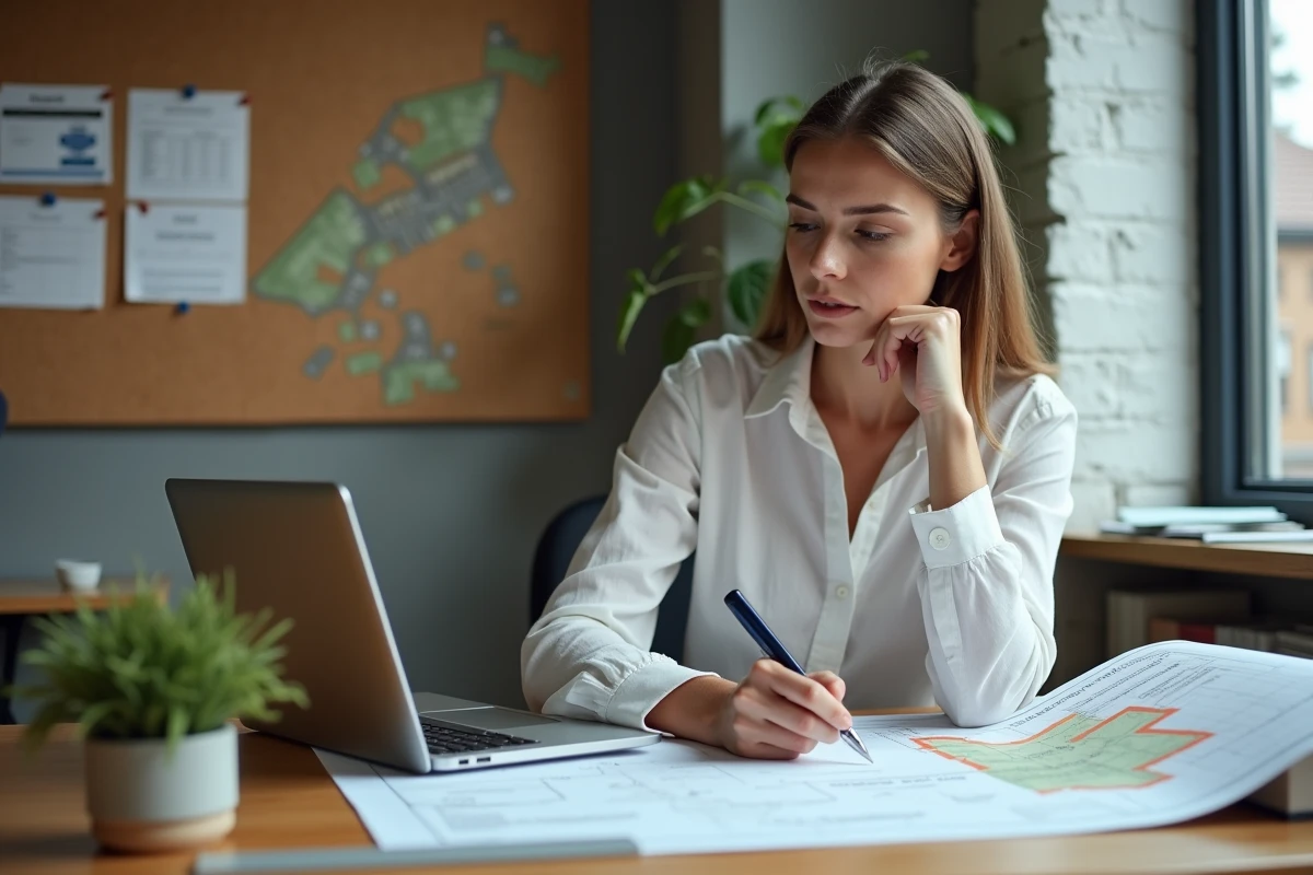 Femme analyste immobilière étudiant une carte foncière et des données de prix au bureau, symbolisant l'analyse multicritère du marché du terrain