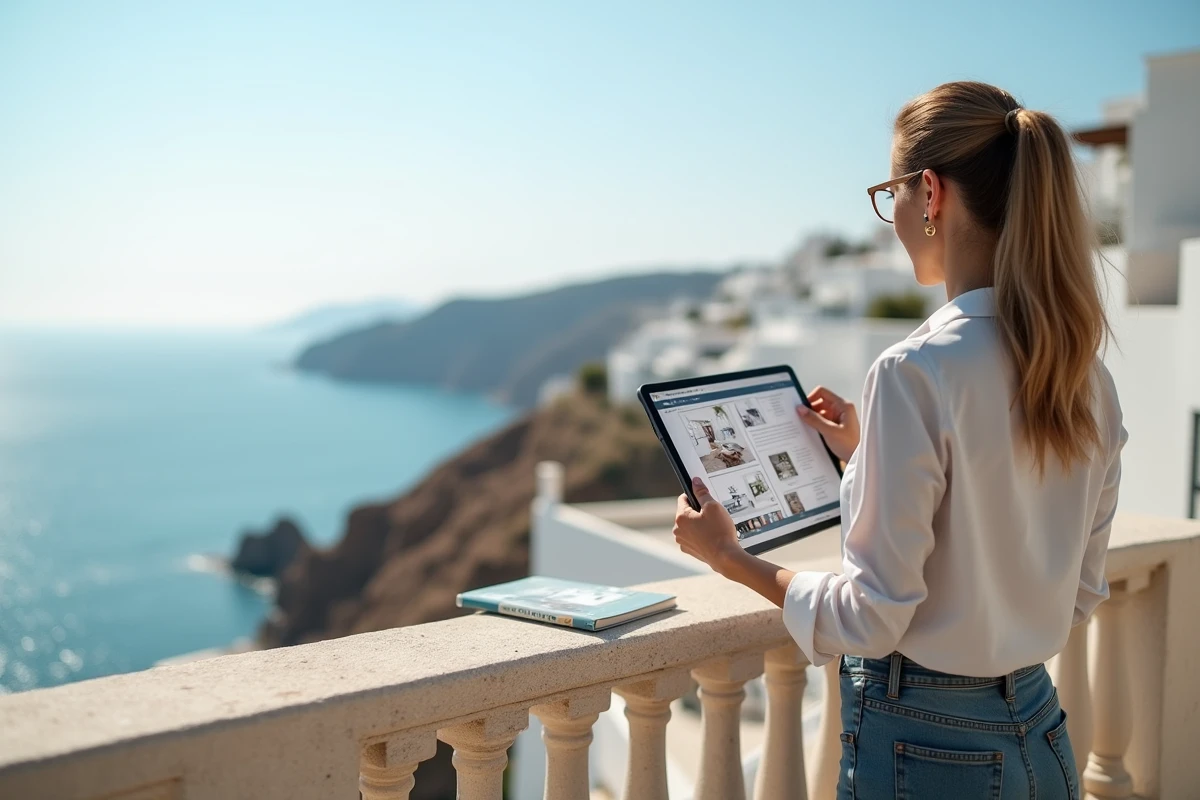Femme examinant des plans d'appartement sur un balcon en front de mer avant une négociation immobilière au bord de la mer Méditerranée
