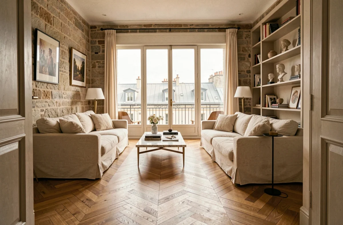 Intérieur d'un appartement de luxe parisien avec parquet en chevrons et vue sur les toits, typique des biens Kretz
