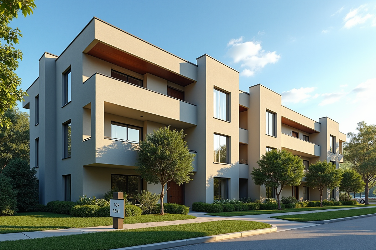 Immeuble neuf avec jardin et panneau a louer sous un ciel bleu
