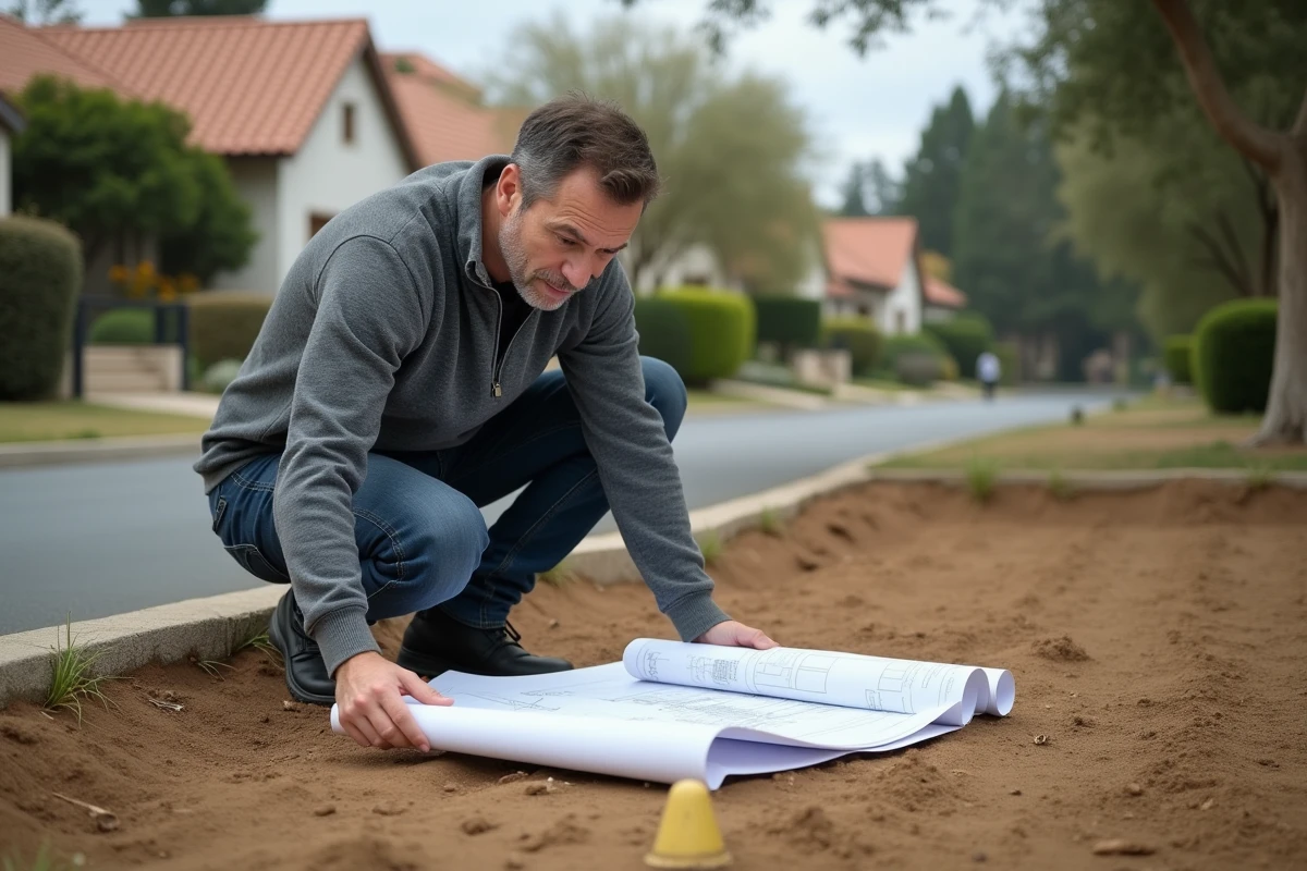 Architecte examinant des plans techniques sur un terrain résidentiel suburbain, représentant les facteurs cachés au-delà du simple prix du mètre carré