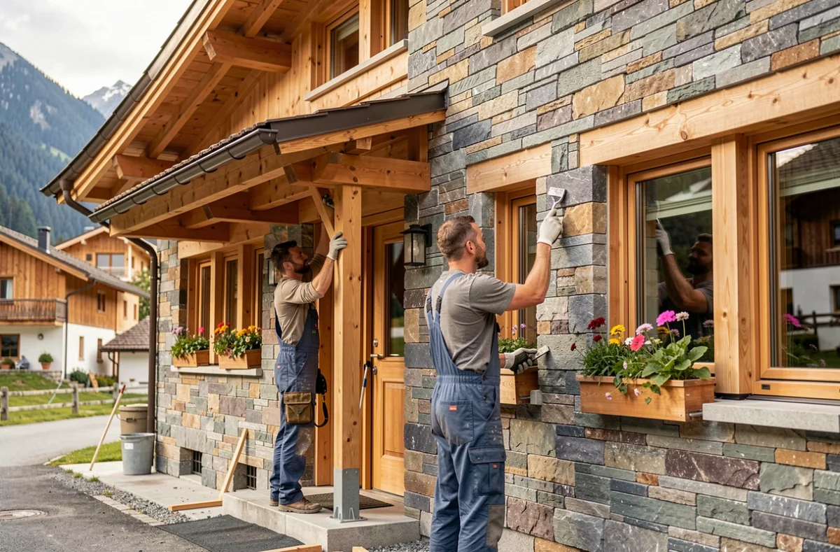 Maison artisanale en pierre et bois construite par Artis Construction dans un village de Savoie