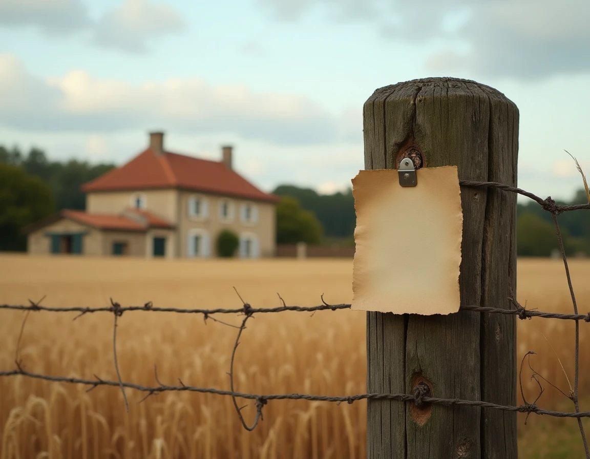 Avis administratif affiché sur un poteau de clôture en bordure de champs agricoles français, symbolisant le renouvellement et la sortie des baux ruraux