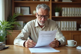 Propriétaire LMNP examinant attentivement les clauses d'un bail de location de mobil-home posé sur un bureau en bois