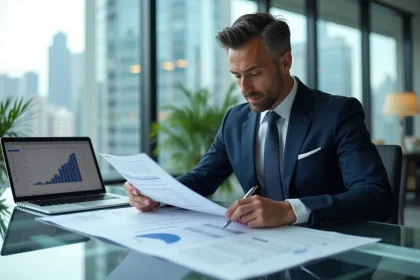 Banquier analysant un rapport RSE immobilier CEAPC dans une salle de réunion moderne