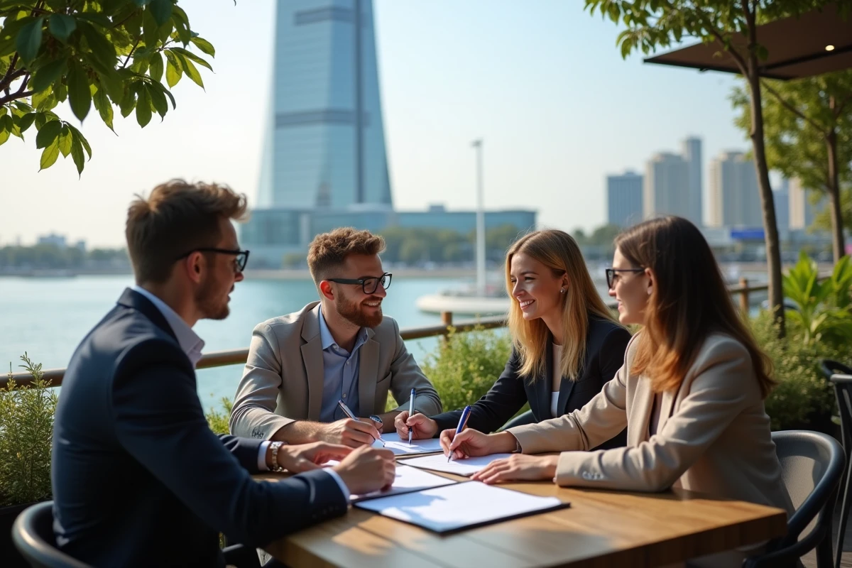 Jeunes professionnels en brainstorming en terrasse