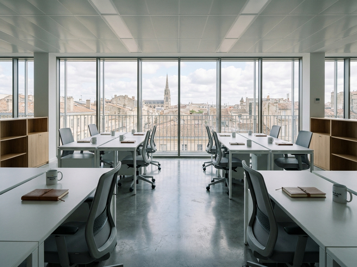 Bureau open space moderne disponible à la location à Bordeaux avec vue sur les toits de la ville