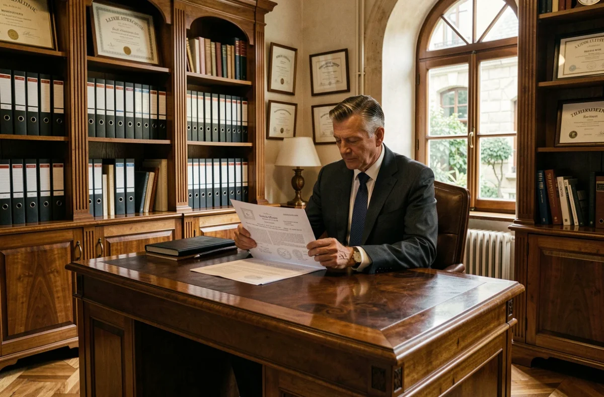 Agent du Cabinet Thiolière Immobilier examinant un acte de propriété dans un bureau traditionnel en bois à Saint-Étienne