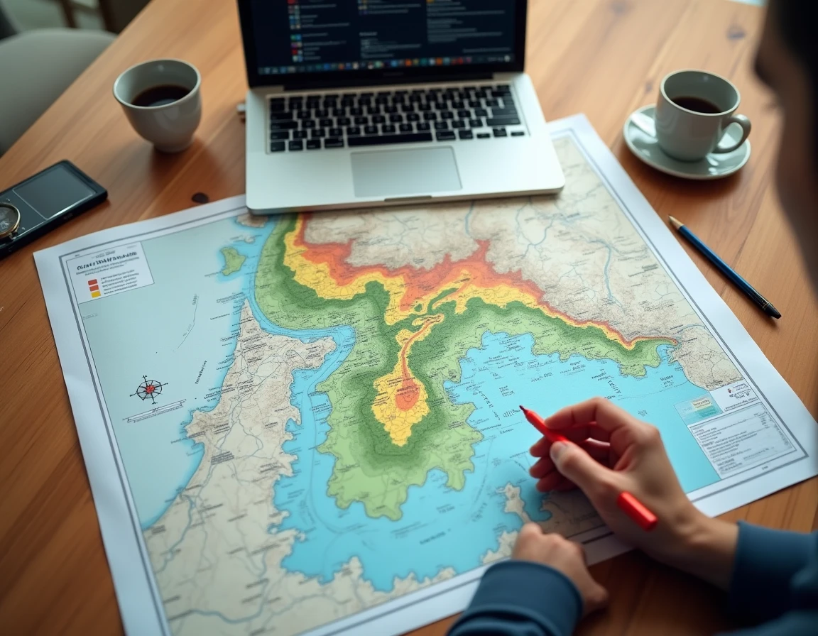 Carte géoportail des risques naturels annotée à la main sur une table de réunion avec ordinateur et outils d'urbanisme