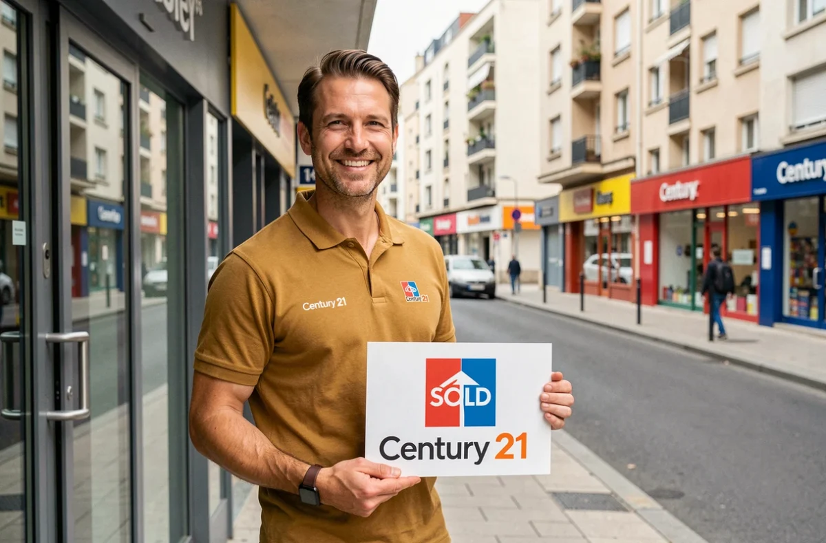 Agent Century 21 Aubervilliers tenant un panneau vendu devant l'agence sur une rue commerçante d'Aubervilliers