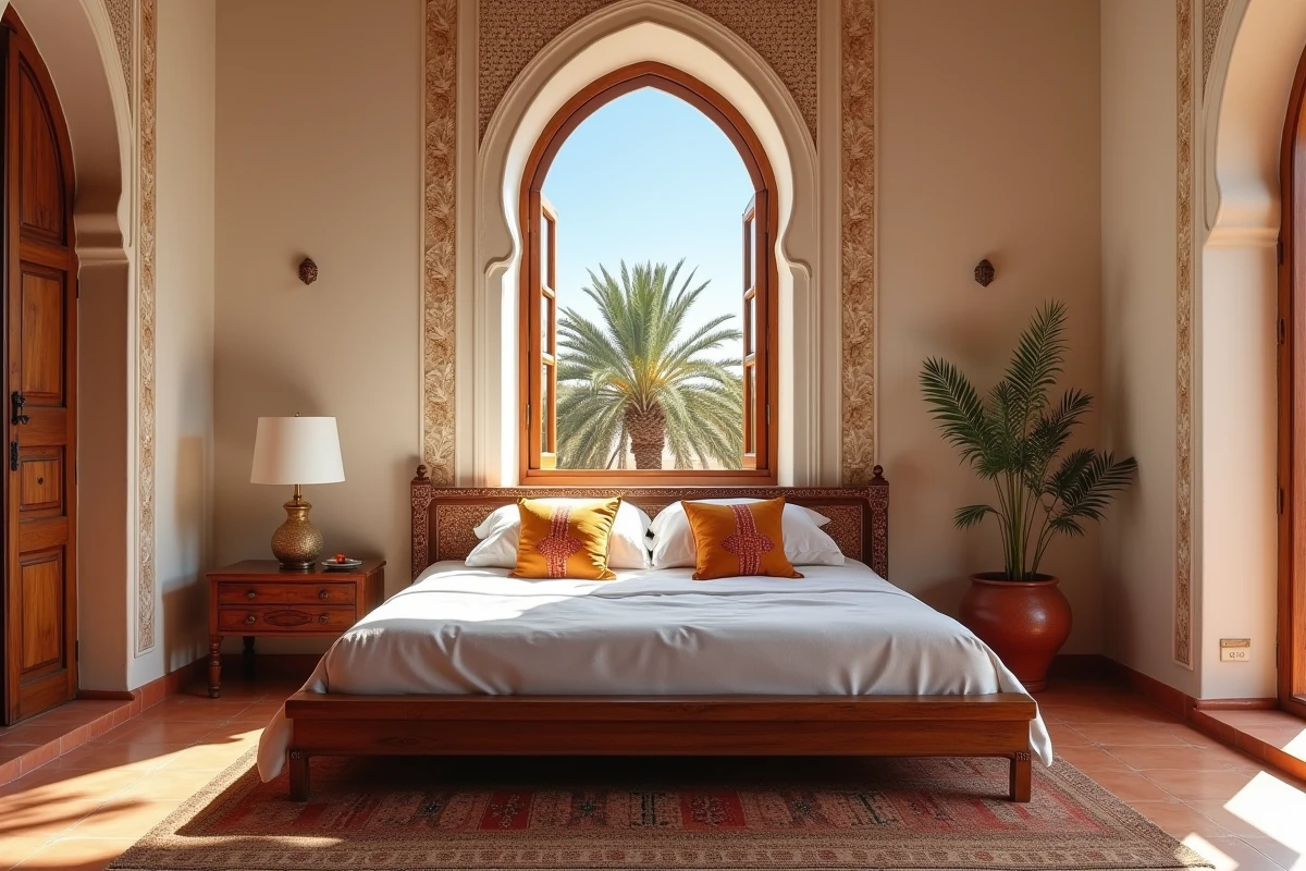 Chambre authentique d'une maison marocaine à Marrakech décorée en style traditionnel pour location saisonnière rentable