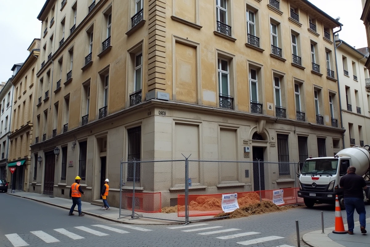 Chantier de reprise en sous-oeuvre en milieu urbain avec nuisances et organisation de la rue devant un immeuble parisien