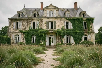 Château abandonné en pierre avec façade couverte de lierre et jardin envahi par la végétation en France