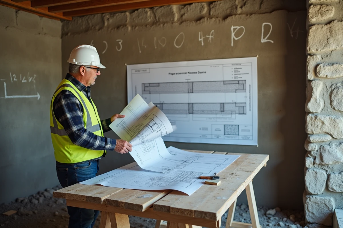 Chef de chantier étudiant les plans de reprise en sous-oeuvre dans un sous-sol avec fondations en pierre exposées