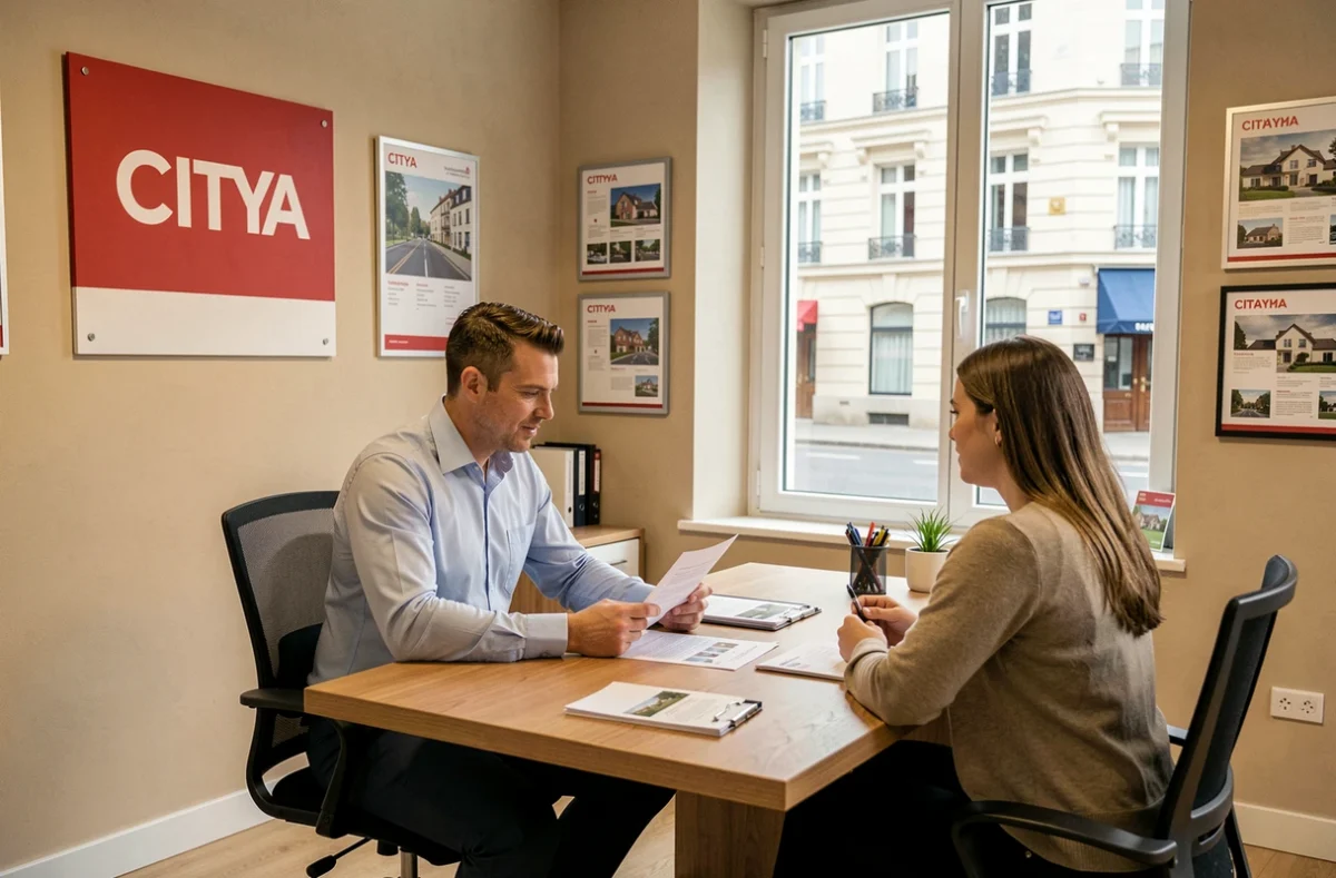Agent de l'agence Citya Montchalin Immobilière en réunion avec des clients dans les bureaux à Saint-Étienne