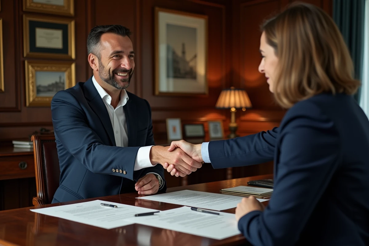 Client et notaire signant un compromis de vente immobilière dans un office notarial traditionnel
