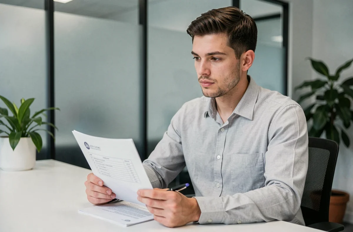 Jeune homme en chemise grise consultant une liste de questions avant son rendez-vous chez le notaire dans un bureau moderne avec cloisons en verre dépoli