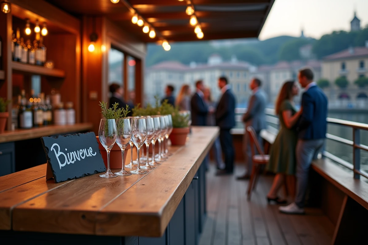 Installation cocktail sur le pont extérieur d'une péniche à Lyon pour un événement privé au coucher du soleil, bar en bois et verres à vin