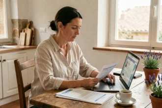 Femme comparant des offres d'assurance habitation sur ordinateur portable dans un appartement provençal à Aix-en-Provence