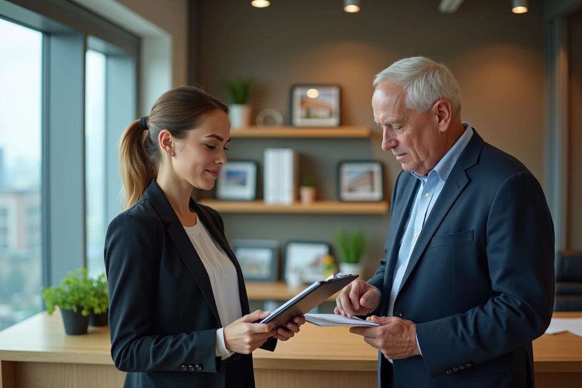 Jeune femme en agence immobiliere discutant avec un conseiller