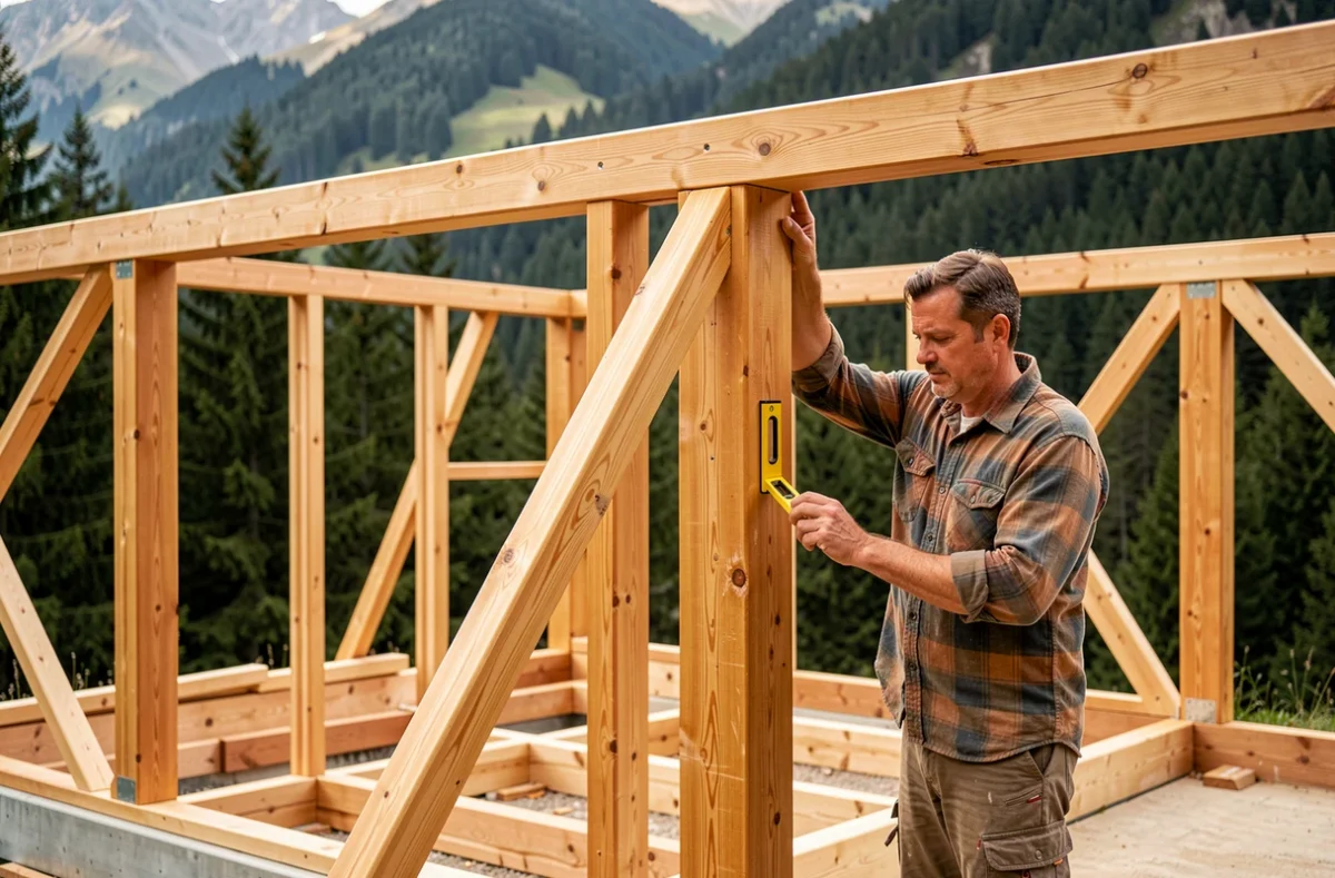Ossature bois en construction par Constructeur Maison Bois Rhône-Alpes dans un paysage forestier alpin