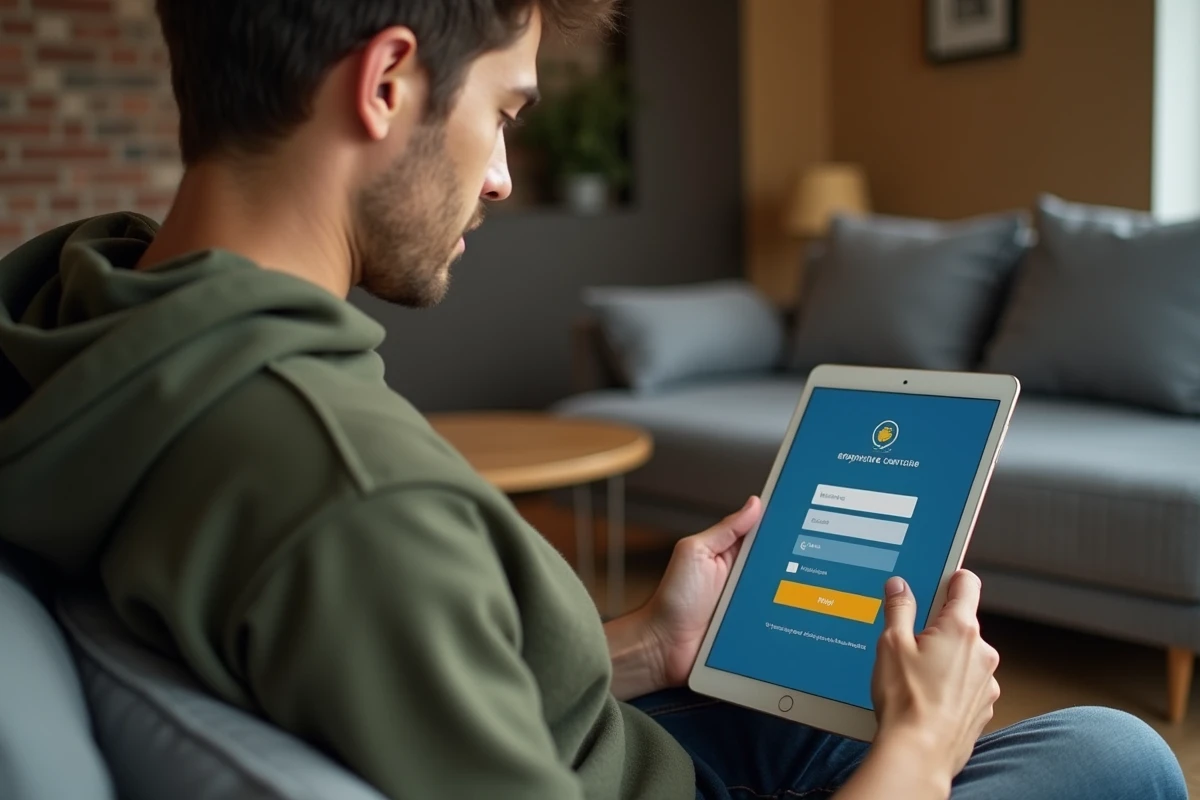 Jeune adulte consultant le téléservice LOC annonce sur une tablette dans un appartement moderne