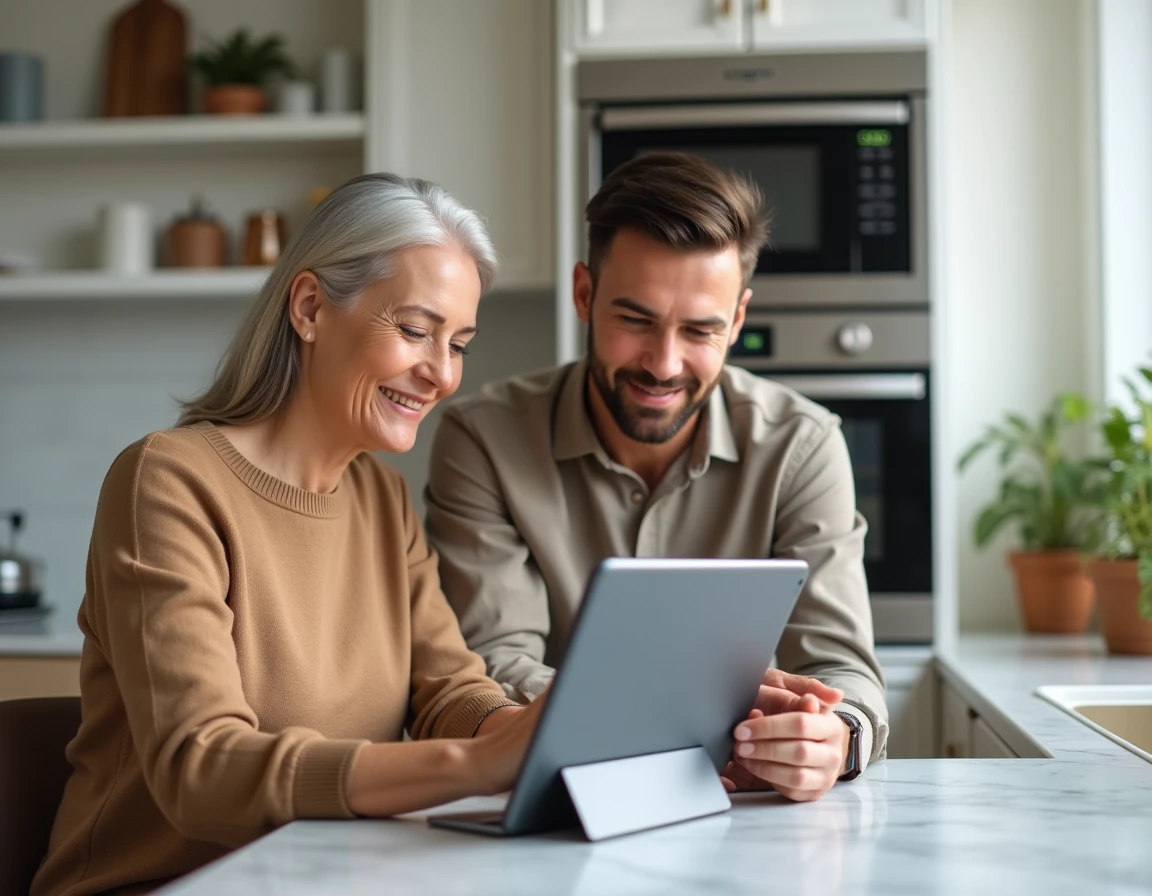 Deux personnes consultant ensemble l'espace client MyFoncia sur une tablette dans une cuisine moderne