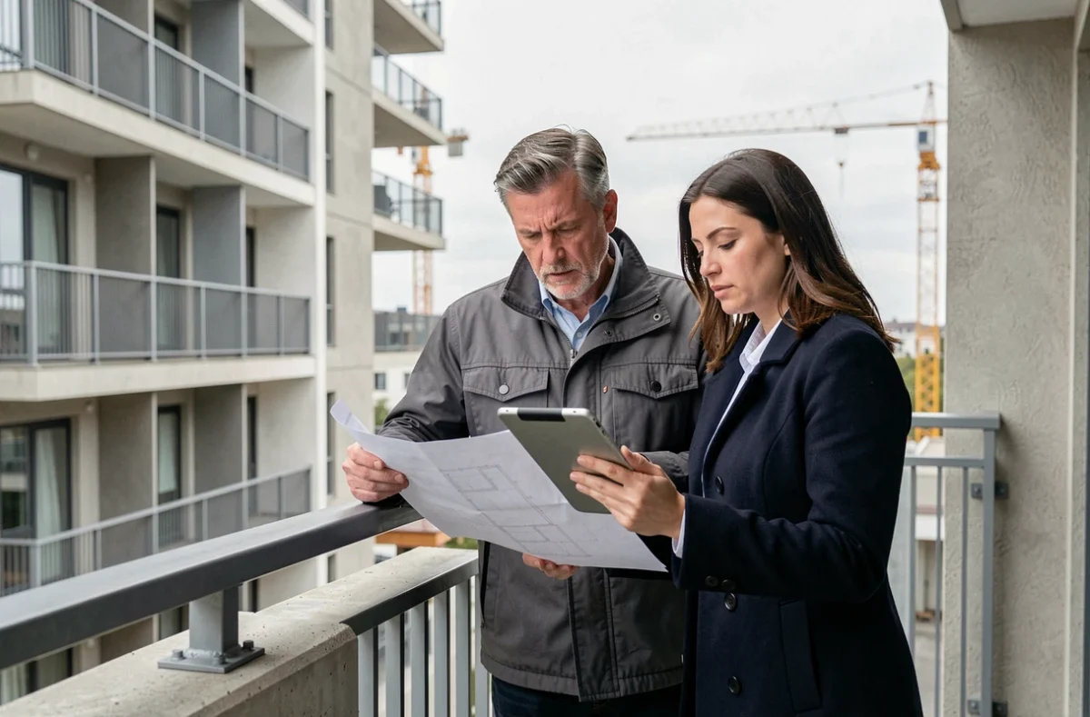 Architecte et agent immobilier vérifiant les finitions extérieures d'un balcon de programme neuf