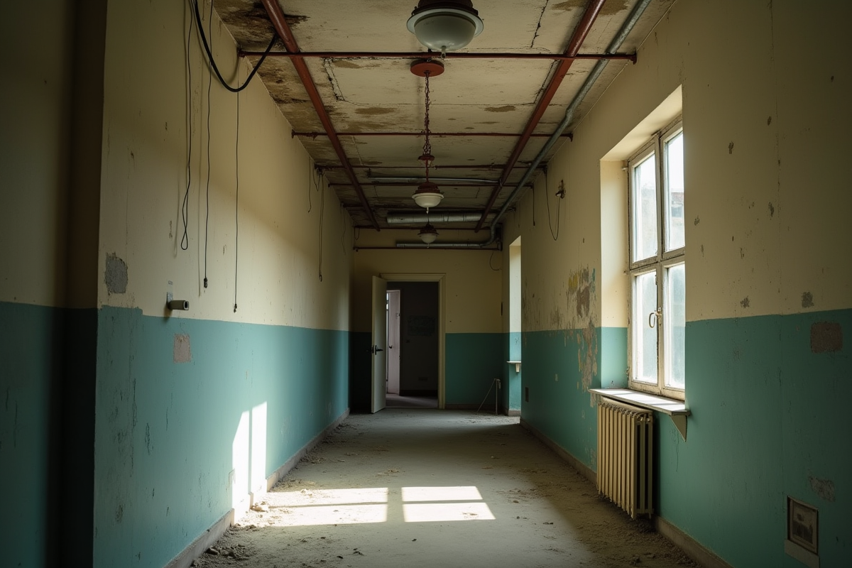 Couloir vide avec fils électriques et lumière cassée dans un immeuble en mauvais état